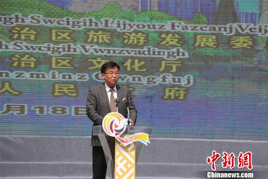 广西壮族自治区旅游发展委员会主任甘霖发表讲话。　林馨 摄