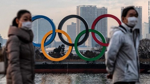 戴着口罩的人们走过东京奥运五环