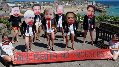 一些民间团体抗议G7领导人“光张嘴吧不穿裤子”——只说不做