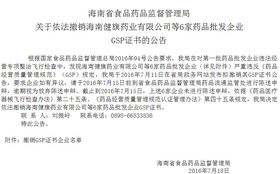 海南健旗药业等6家药品批发企业严重违反GSP规定被处罚