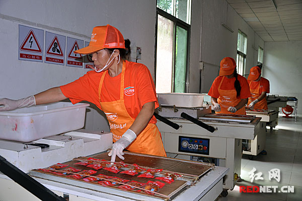 坐石鄉的農村婦女們正在村裡的一食品廠包裝產品.