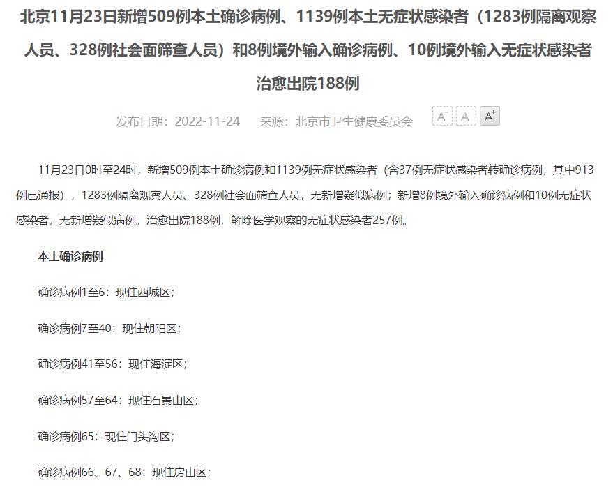 北京市卫健委网站最新消息，11月23日0时至24时，